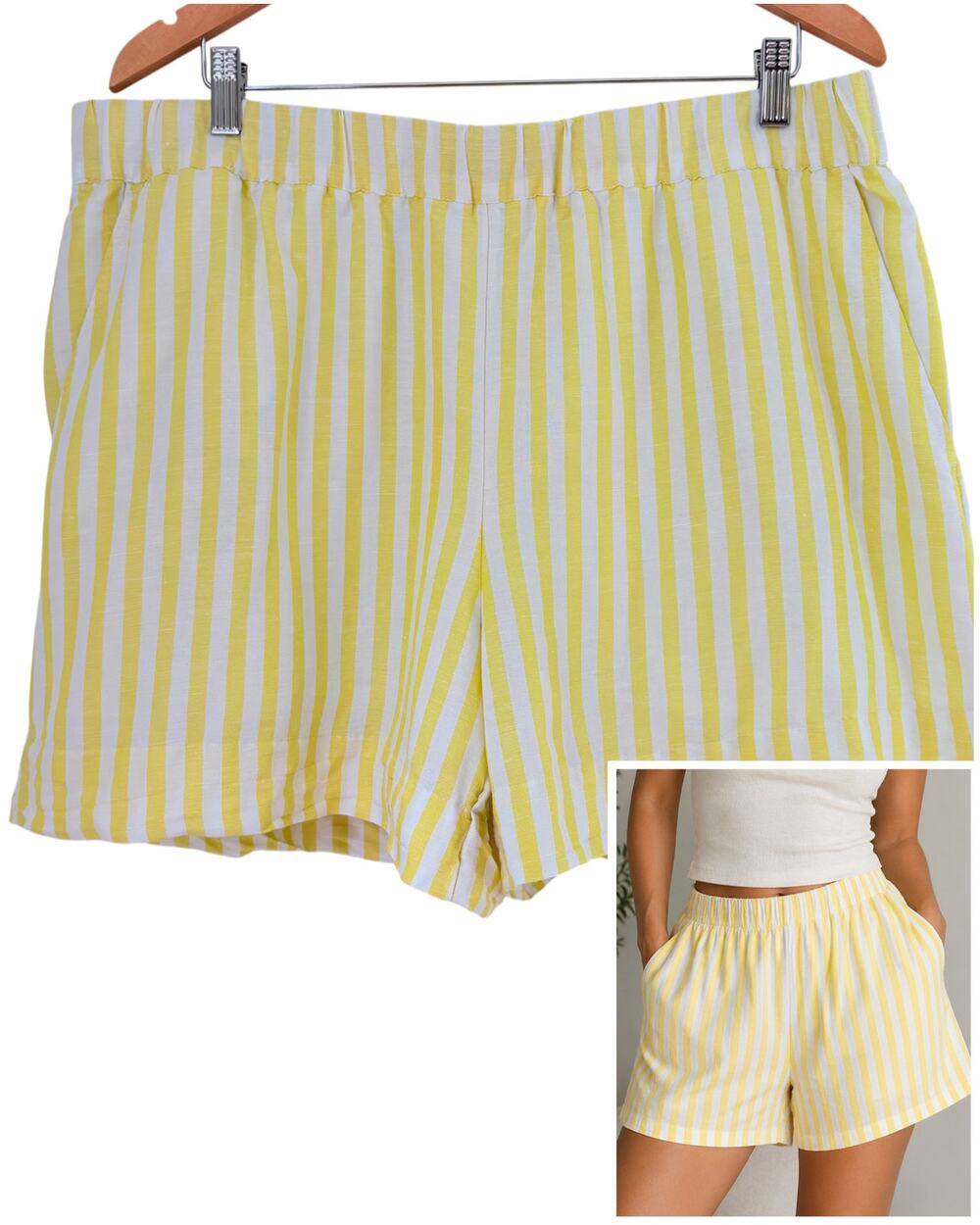 Linen Cotton‎ Elastic Waist Shorts Size XL Yellow White Stripe Lounge Beach